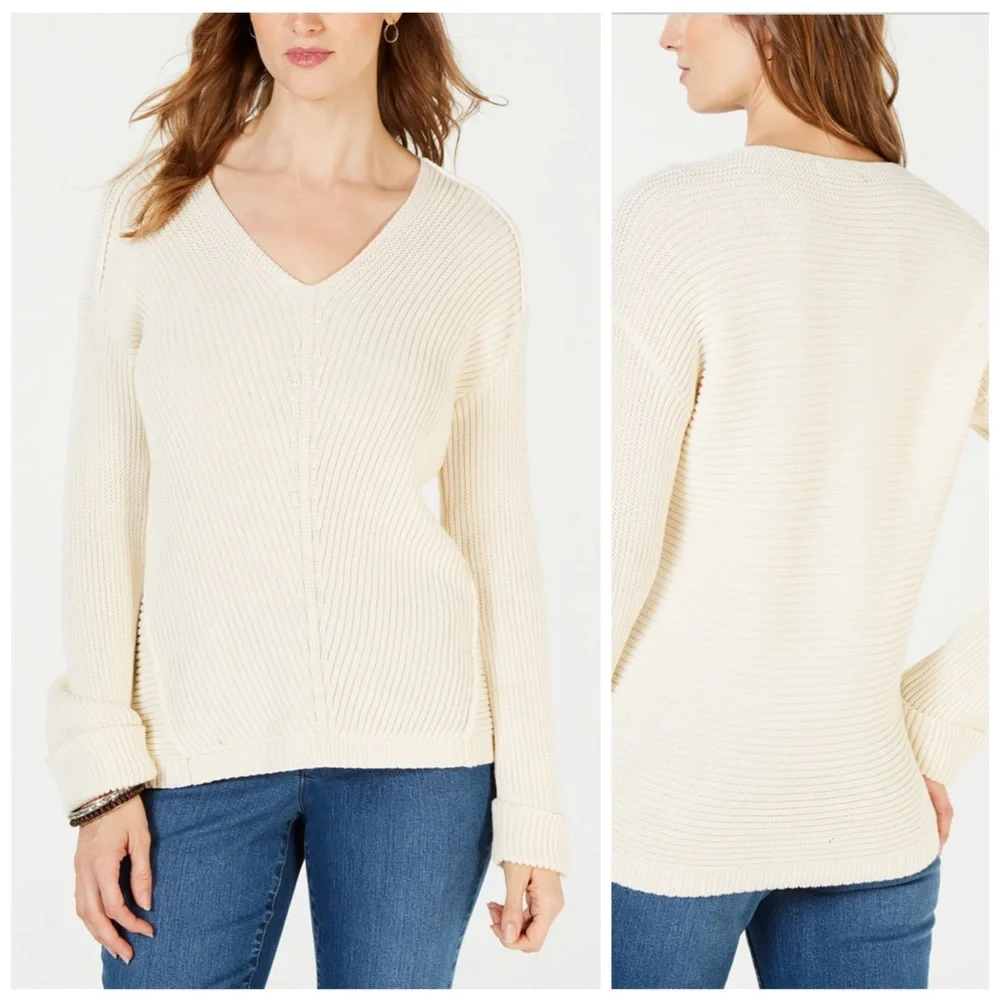 Charter Club Ivory V Neck Cuffed Sweater X-Small - Picture 1 of 6